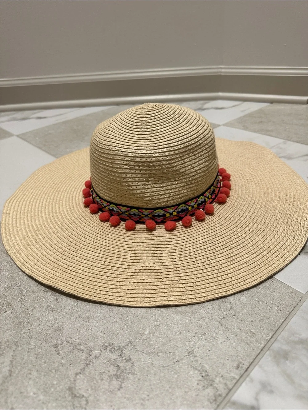 Straw Sun Hat with Pink Pom-Pom Trim